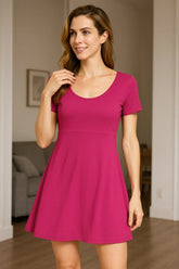 Round Neck Short Sleeve Flared Summer Dress Hot Pink OutfitFlow