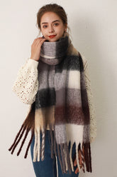 Thermal Fringe Contrast Plaid Scarf Gray Brown grid One Size OutfitFlow