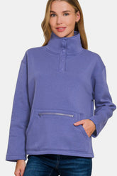 Zenana Turtleneck Half Snap Fleece Sweatshirt Blue Purple OutfitFlow