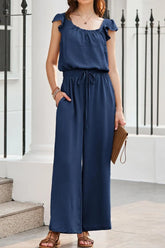 Ruffled Cap Sleeve Wide Leg Jumpsuit Dark Blue OutfitFlow