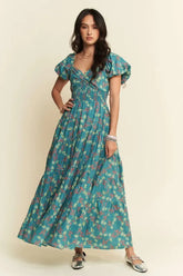 Davi & Dani Lightweight Sweetheart Neck Textured Tiered Maxi Dress Teal Green OutfitFlow
