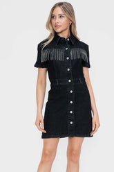 bytos Full Size Embellished Button Down Short Sleeve Denim Dress Black OutfitFlow