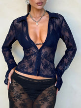 Devine Plunge Long Sleeve Lace Top Dark Blue OutfitFlow