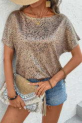 Parchment Shimmer Leopard Print Dolman Sleeve T Shirt Camel OutfitFlow