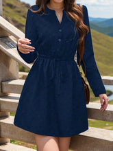 Drawstring Waist Notched Long Sleeve Dress Dark Blue OutfitFlow
