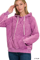 Zenana Acid Wash Fleece Hoodie with Kangaroo Pocket LT PLUM OutfitFlow
