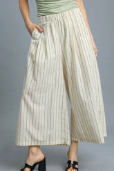 Umgee High-Waisted Wide Leg Striped Pants Ivory OutfitFlow
