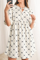 Bow Print Tie Neck Half Sleeve Dress White OutfitFlow