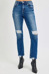 RISEN Full Size High Rise Distressed Crop Straight Jeans Dark OutfitFlow
