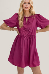 Oh Bow Ruched Puff Sleeve Mini Dress Cerise OutfitFlow