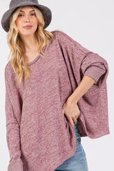 SAGE + FIG Round Neck Batwing Sleeve Oversize Top Mulberry OutfitFlow
