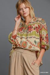 Umgee Full Size Border Print Notched 3/4 Puff Sleeve Blouse Plus Size Yellow-Green OutfitFlow