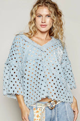 POL V-Neck Short Sleeve Top with Laser Cut Detail Light OutfitFlow