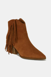 Beast Fashion Suede Fringe Point Toe Ankle Boots Caramel OutfitFlow