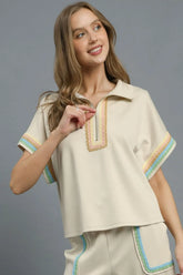 Umgee Contrast Trim Half Zip Collared Blouse Beige OutfitFlow