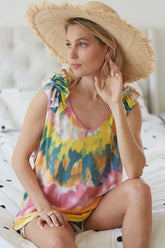 BiBi Circular Tie Dye Knit V Neck Top With Ruffle YELLOW ORANGE OutfitFlow
