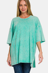 Zenana Full Size Washed Round Neck Drop Shoulder Oversized T-Shirt Turquoise OutfitFlow