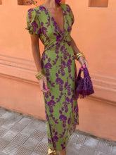 Printed Plunge Short Sleeve Midi Dress Moss OutfitFlow