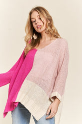 ADORA Side Slit Color Block Long Sleeve Sweater Hot Pink OutfitFlow