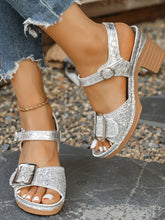 Glitter Block Heel Buckle Sandals Silver OutfitFlow