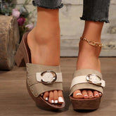 Buckle Trim Block Heel Sandals Khaki OutfitFlow