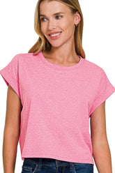 Zenana Rolled Sleeve Crop T-Shirt H HOT PINK OutfitFlow