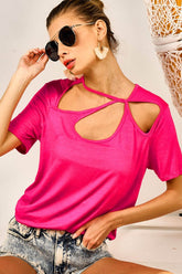 BiBi Cutout Asymmetrical Neck Short Sleeve T-Shirt Fuchsia OutfitFlow