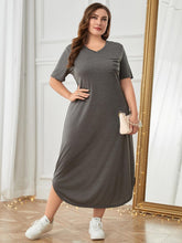 Plus Size Pocketed V-Neck Short Sleeve Lounge Dress Dark Gray OutfitFlow