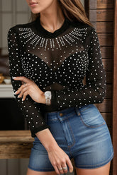 Rhinestone Trim Mock Neck Long Sleeve Bodysuit Black OutfitFlow