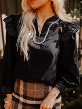 Ruffled Notched Long Sleeve Blouse Black OutfitFlow