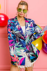 BiBi Thin Satin Tropical Single Blazer BLUISH TROPICAL OutfitFlow