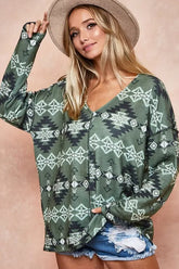 BiBi Aztec Print Brushed Out Stitching Detailed Top OLIVE COMBO OutfitFlow