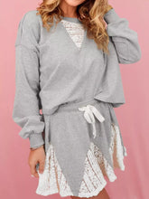 Lace Patchwork Drop Shoulder Top and Drawstring Skort 2pcs Outfit Light Gray OutfitFlow
