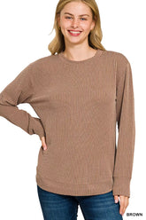 Zenana Full Size Raised Rib Round Neck Long Sleeve Top Plus Size BROWN OutfitFlow