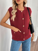 Perfee Pocketed Round Neck Cap Sleeve Cardigan Rust OutfitFlow