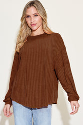 Basic Bae Full Size Ribbed Round Neck Long Sleeve T-Shirt Dark Brown OutfitFlow