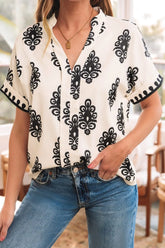 Printed Short Sleeve Loose Blouse Beige OutfitFlow