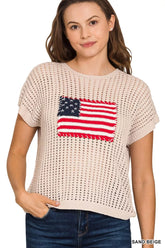 Zenana Viscose American Flag Openwork Knit Top SAND BEIGE OutfitFlow