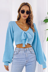 Bow V-Neck Long Sleeve Cropped Sweater Pastel Blue OutfitFlow