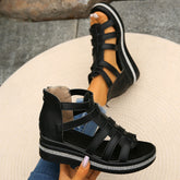 Cutout Rhinestone Trim Wedge Sandals Black OutfitFlow
