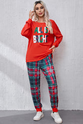 ALL IS BRIGHT Round Neck Top and Plaid Pants Lounge Set Red OutfitFlow