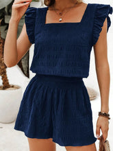 Textured Square Neck Top and Shirred High Waist Shorts Set Navy OutfitFlow