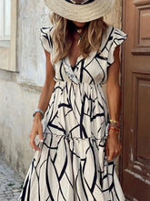 Abstract Print Ruffle Sleeve V-Neck Midi Dress Picture Color OutfitFlow