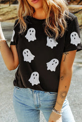 Glitter Ghost Round Neck Short Sleeve T-Shirt Black OutfitFlow