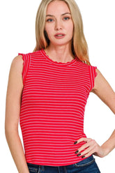Zenana Ribbed Ruffle Trim Sleeveless Stripe Top RUBY WHITE OutfitFlow