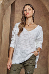 ADORA High-Low Side Slit V-Neck Sweater White OutfitFlow