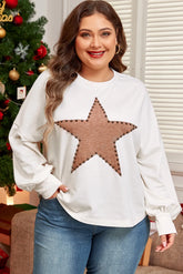 Plus Size Studded Star Round Neck Long Sleeve Blouse White OutfitFlow