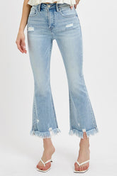RISEN Full Size Raw Hem Distressed Cropped Flare Jeans Plus Size Light OutfitFlow