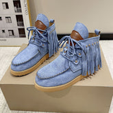 Fringe Studded Round Toe Canvas Boots Blue OutfitFlow