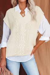 Cable-Knit V-Neck Sweater Vest Cream OutfitFlow